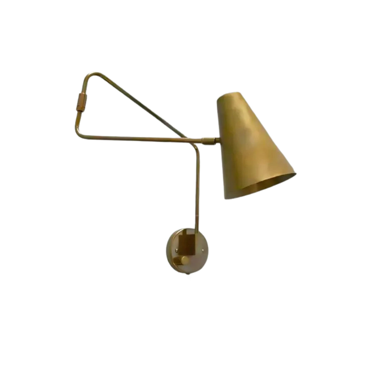 Alternate angled view of the Milan Adjustable Swing Arm Wall Sconce showcasing its adjustable brass arm and tapered cone metal shade.