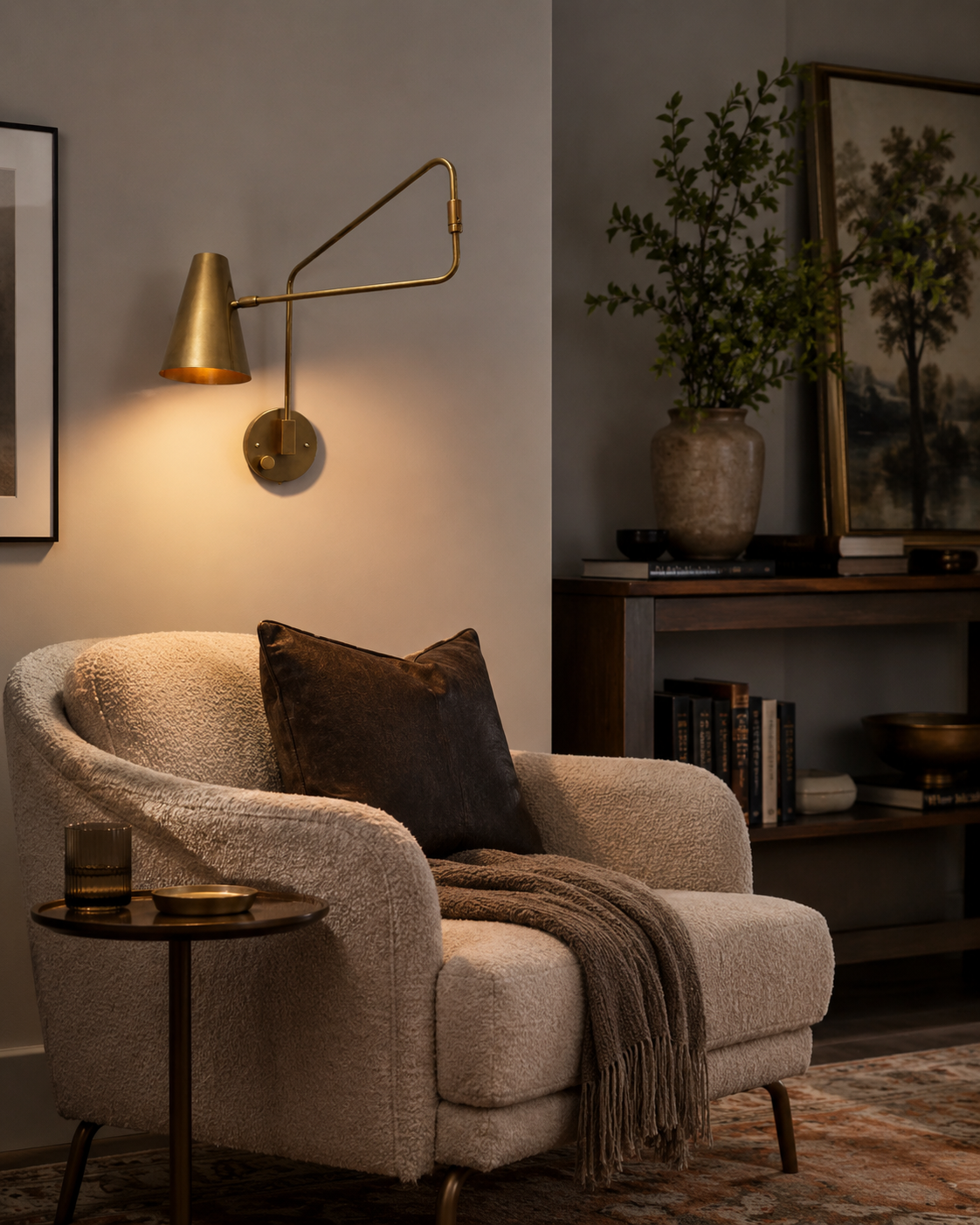 Milan Adjustable Swing Arm Wall Sconce installed beside a living room lounge chair, providing warm adjustable reading light with a handcrafted solid brass finish.
