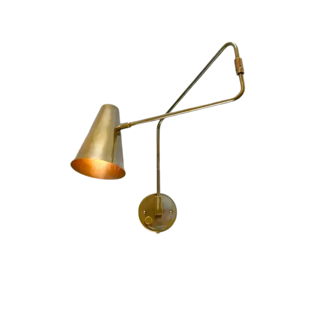Perspective view of the Milan Adjustable Swing Arm Wall Sconce with its sculptural tapered cone shade and minimalist adjustable wall-mounted design.