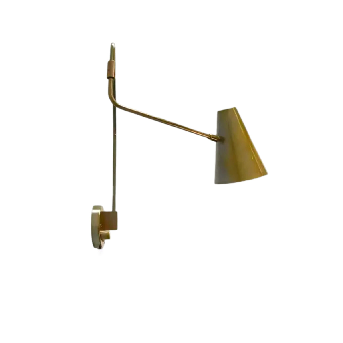 Side profile of the Milan Adjustable Swing Arm Wall Sconce displaying the slim adjustable arm and handcrafted tapered brass cone shade.