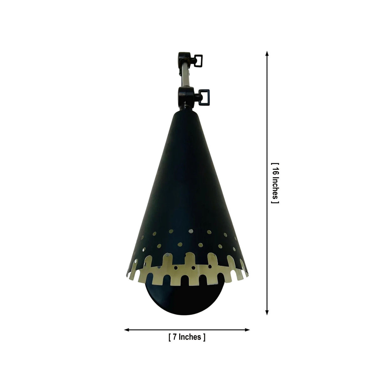 Milan adjustable swing arm wall sconce dimensions showing 16 inch height and 7 inch cone shade width, Model 32784.