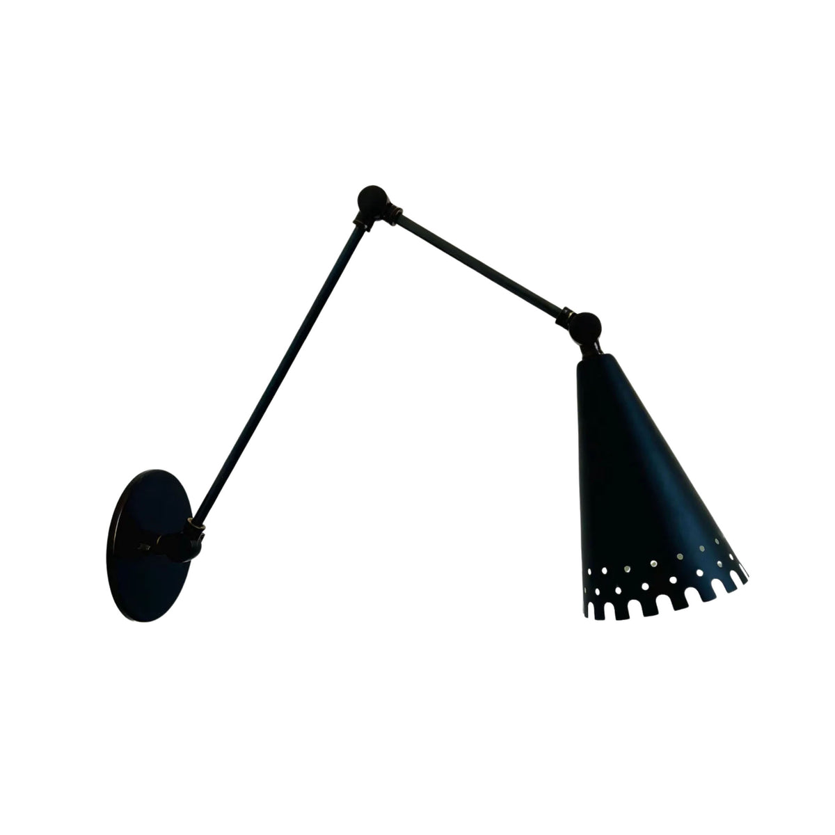 Milan black swing arm wall sconce shown extended with double articulated arm and perforated cone shade, Model 32784.