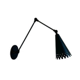 Milan black swing arm wall sconce shown extended with double articulated arm and perforated cone shade, Model 32784.