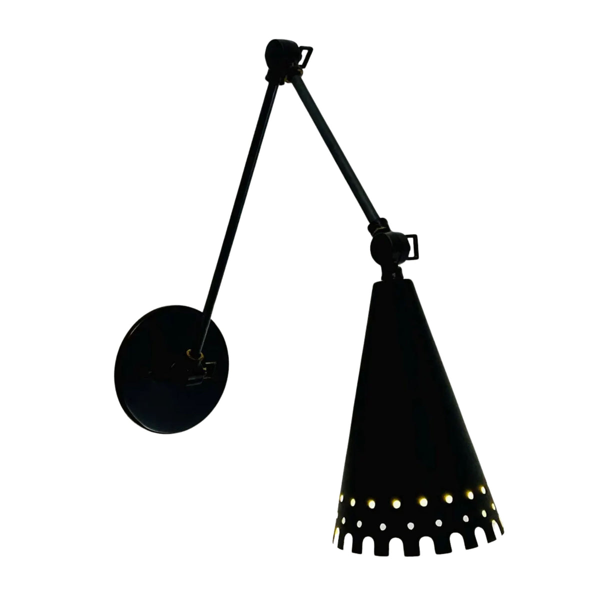 Front angled view of Milan adjustable black wall sconce with tapered cone shade and round wall canopy, Model 32784.