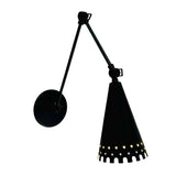 Front angled view of Milan adjustable black wall sconce with tapered cone shade and round wall canopy, Model 32784.