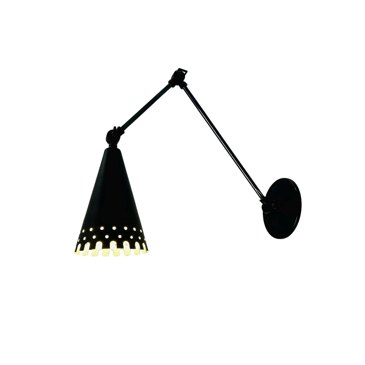 Milan adjustable swing arm wall sconce in black finish with illuminated perforated cone shade, Model 32784.