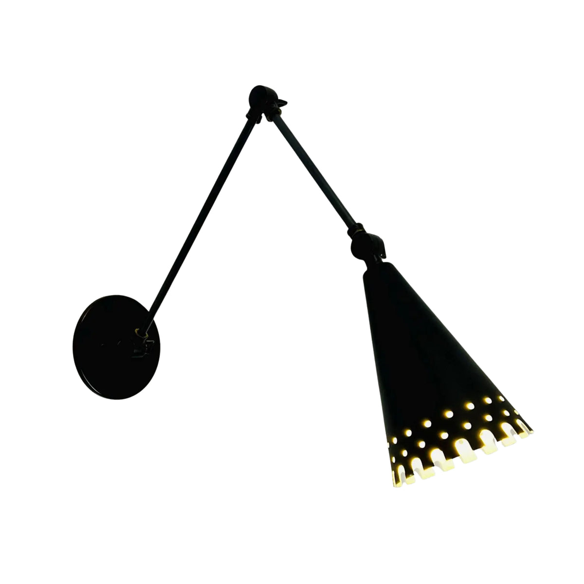 Milan adjustable wall sconce shown from right angle with black cone shade, perforated detailing and articulated arm, Model 32784.