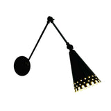 Milan adjustable wall sconce shown from right angle with black cone shade, perforated detailing and articulated arm, Model 32784.