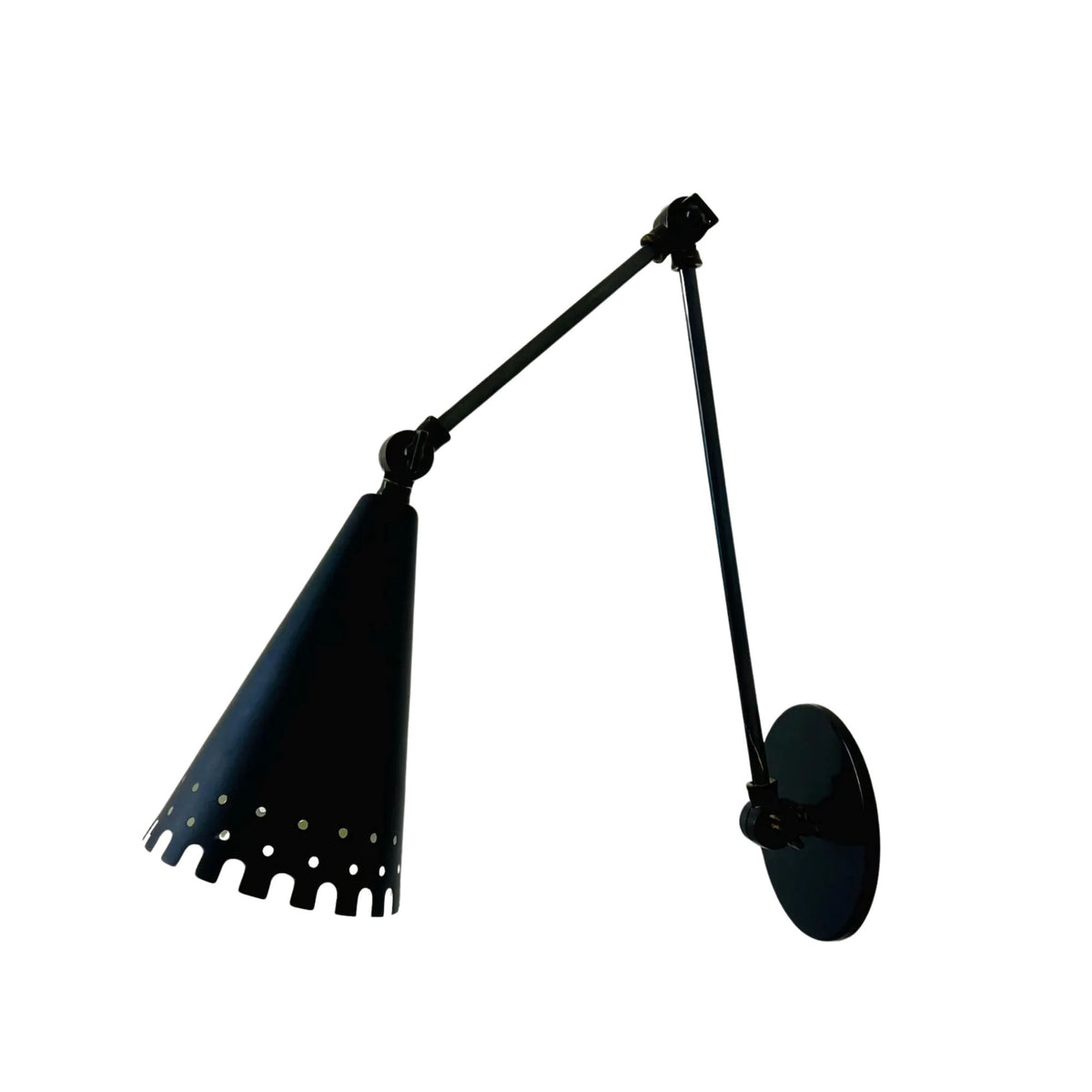 Side view of Milan swing arm wall sconce featuring adjustable joints, black finish and decorative perforated cone shade, Model 32784.