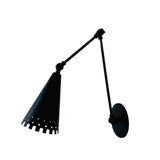 Side view of Milan swing arm wall sconce featuring adjustable joints, black finish and decorative perforated cone shade, Model 32784.