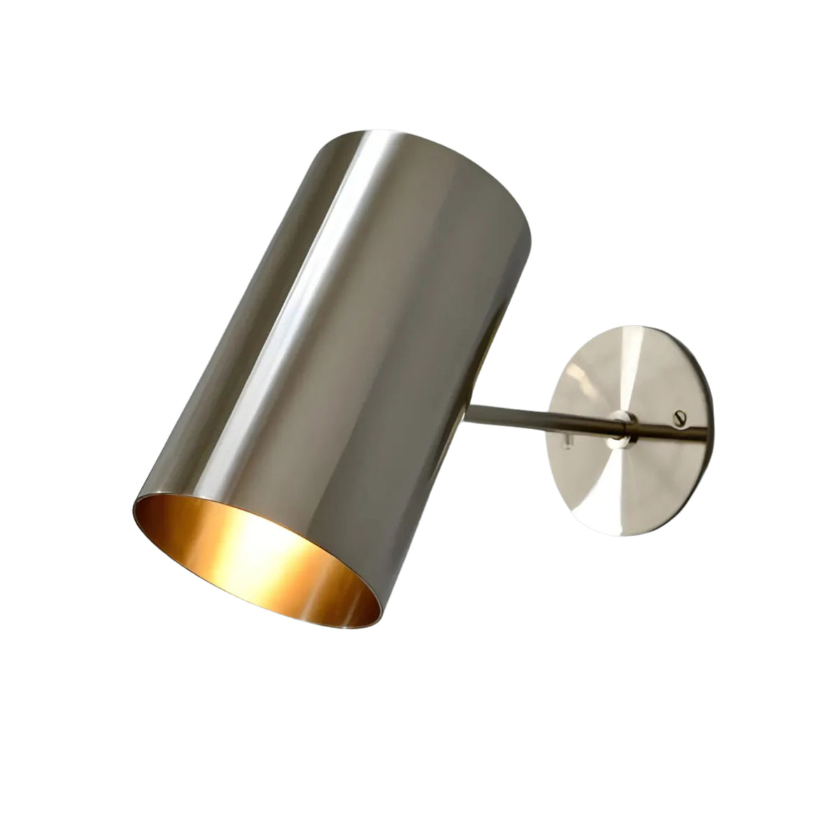 Milan modern angled cylinder wall sconce with polished metal shade and round wall canopy, Model 32752