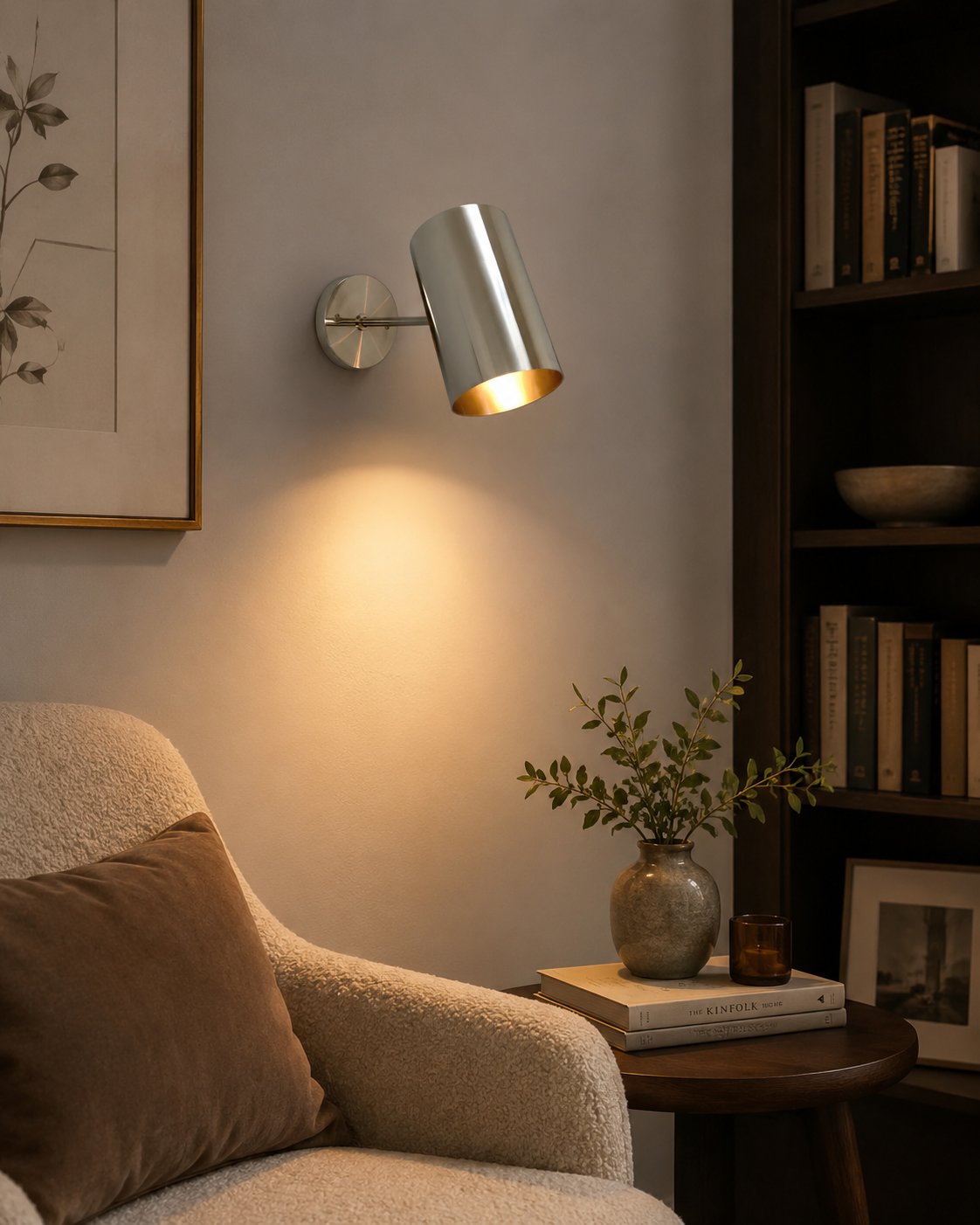 Milan angled cylinder wall sconce providing warm accent lighting in a modern reading and living room interior, Model 32752