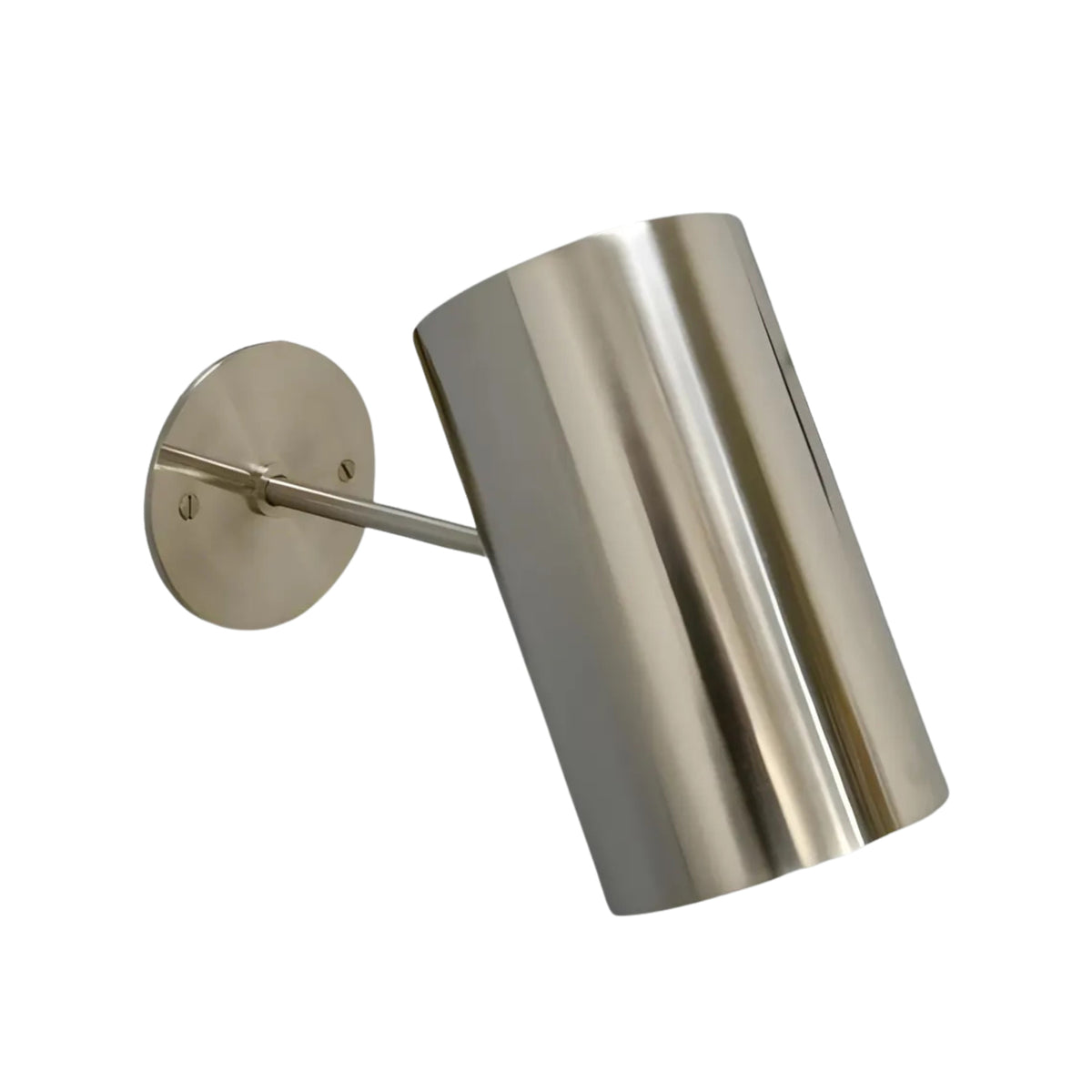Side angled view of Milan cylinder wall sconce with straight arm and polished metal finish, Model 32752
