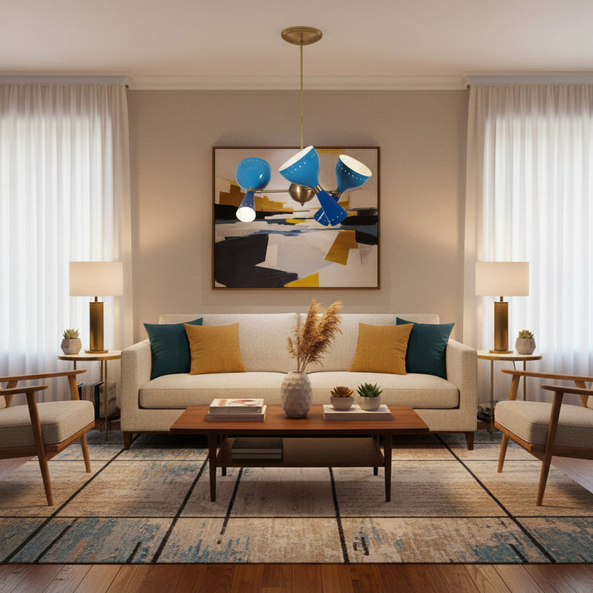 Angled view of Milan Azure 6 light chandelier featuring blue multi-cone shades and a brass-toned frame.
