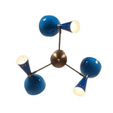 Bottom view of Milan Azure 6 light chandelier with blue sculptural cone shades and brass-toned arms.