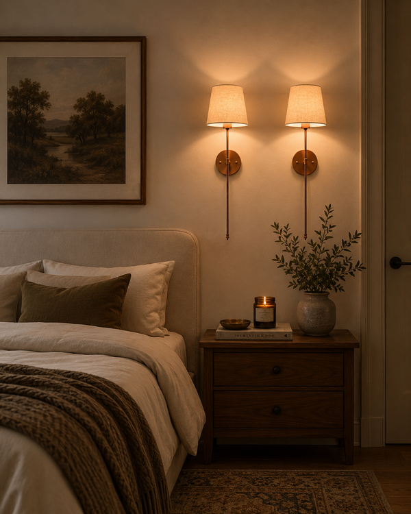 Milan beige shade copper rod sconces styled beside a bedroom nightstand for warm bedside lighting.
