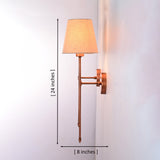 Side dimension view of Milan beige shade copper rod wall sconce showing 24 inch height and 8 inch projection.