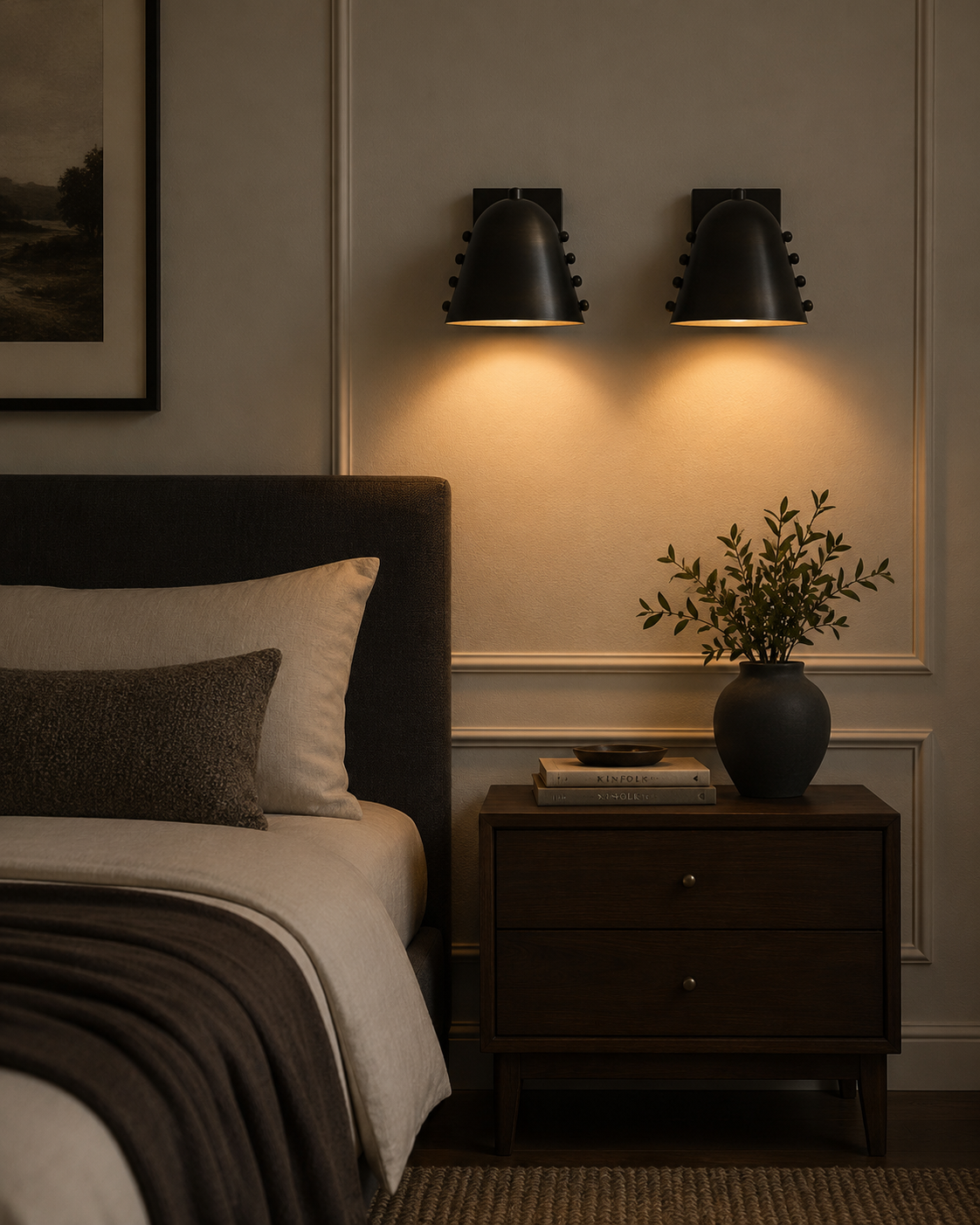 Pair of Milan black dome wall sconces installed above a bedside table with warm ambient lighting