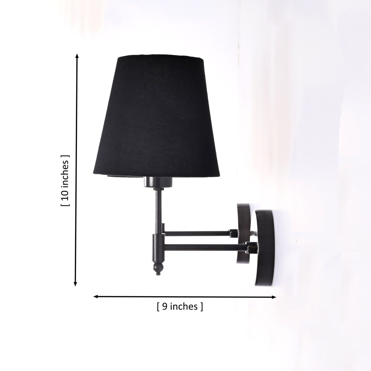 Side dimension view of Milan black shade wall sconce showing 10 inch height and 9 inch projection.
