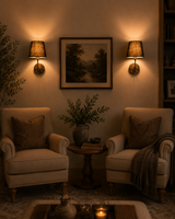 Lifestyle room view of Milan black shade wall sconces installed above classic armchairs with warm ambient lighting.