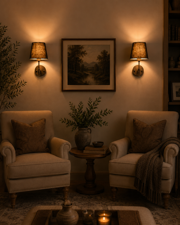 Lifestyle room view of Milan black shade wall sconces installed above classic armchairs with warm ambient lighting.