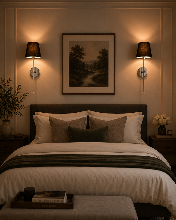 Milan black shade chrome wall sconces installed beside a bed in a warm classic bedroom setting.