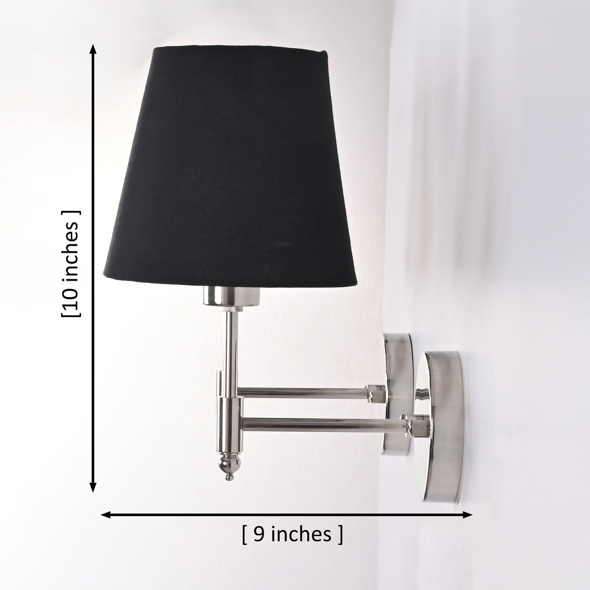 Dimension diagram of Milan polished chrome wall sconce with black tapered fabric shade measuring 10 inches high and 9 inches projection.