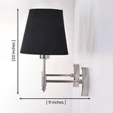 Dimension diagram of Milan polished chrome wall sconce with black tapered fabric shade measuring 10 inches high and 9 inches projection.