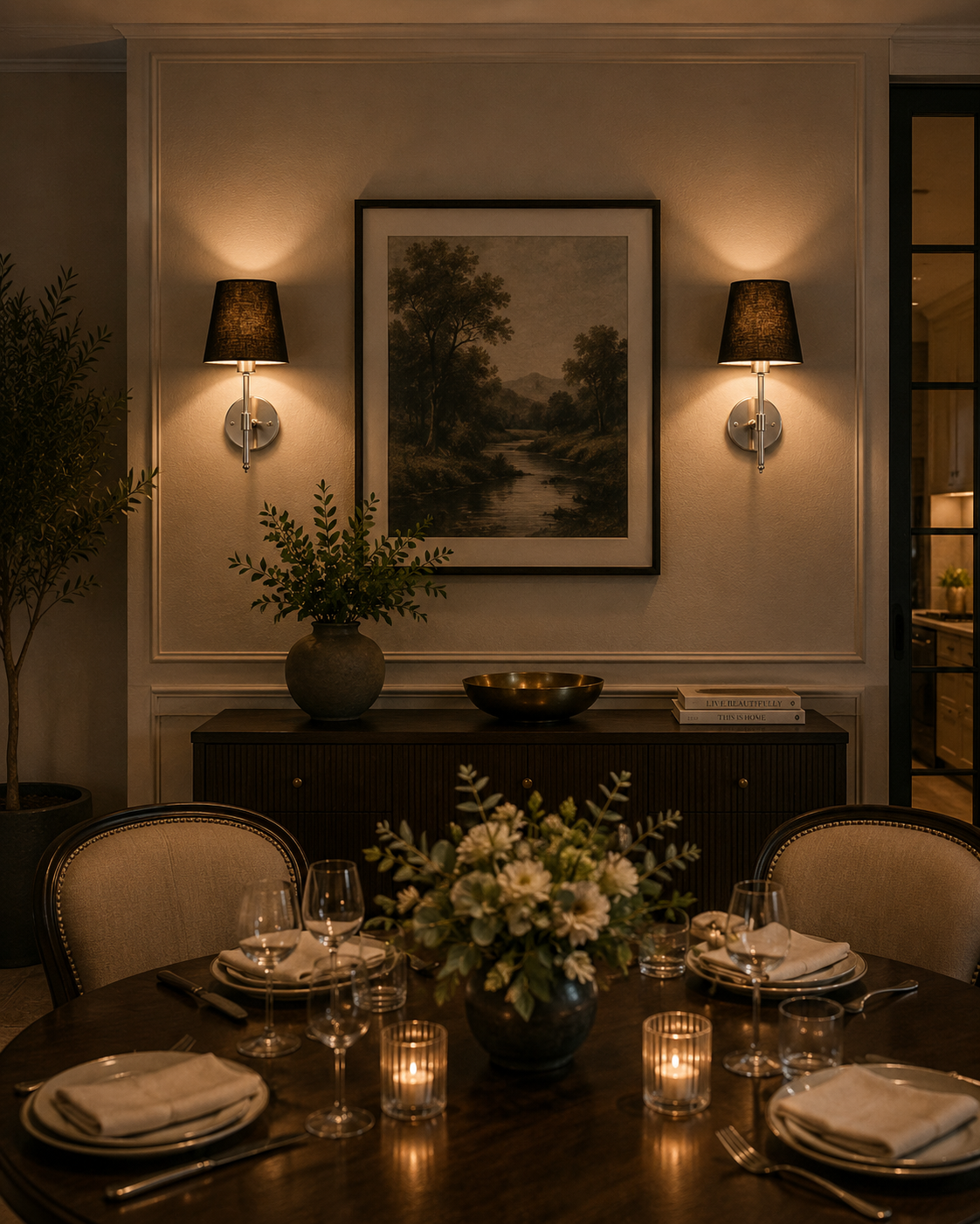 Pair of Milan polished chrome wall sconces with black tapered fabric shades installed beside framed artwork in an elegant contemporary dining room interior.