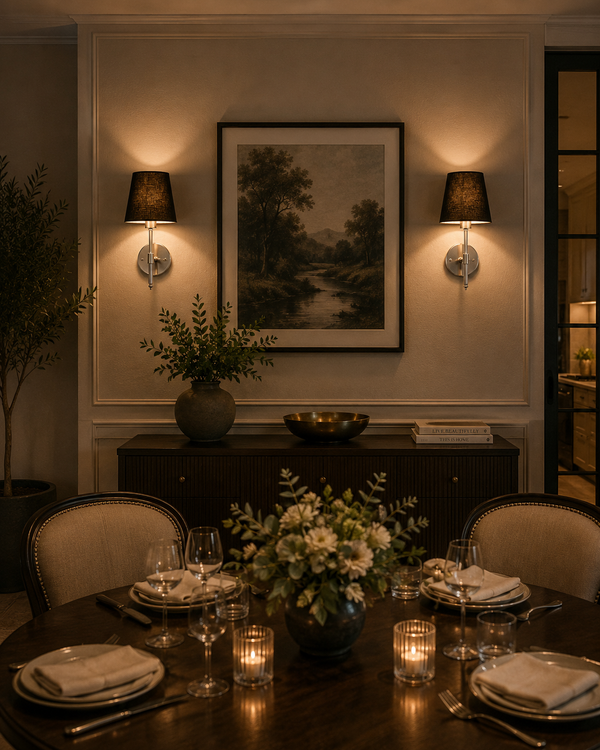 Pair of Milan polished chrome wall sconces with black tapered fabric shades installed beside framed artwork in an elegant contemporary dining room interior.