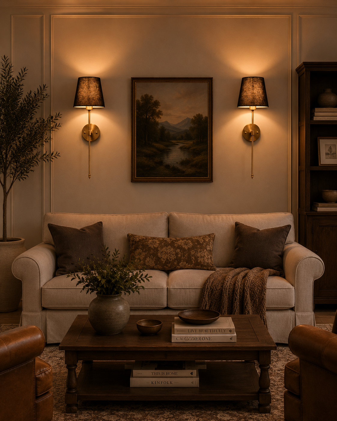 Milan black shade wall sconces installed beside framed artwork above sofa in a warm classic living room.