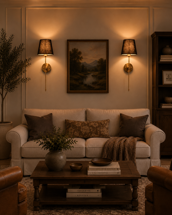 Milan black shade wall sconces installed beside framed artwork above sofa in a warm classic living room.