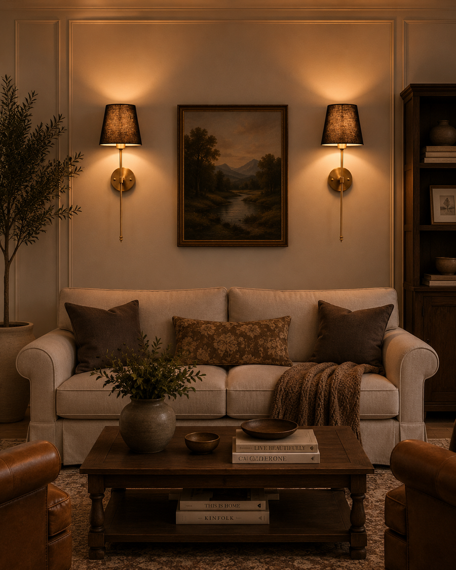 Milan black shade wall sconces installed beside framed artwork above sofa in a warm classic living room.