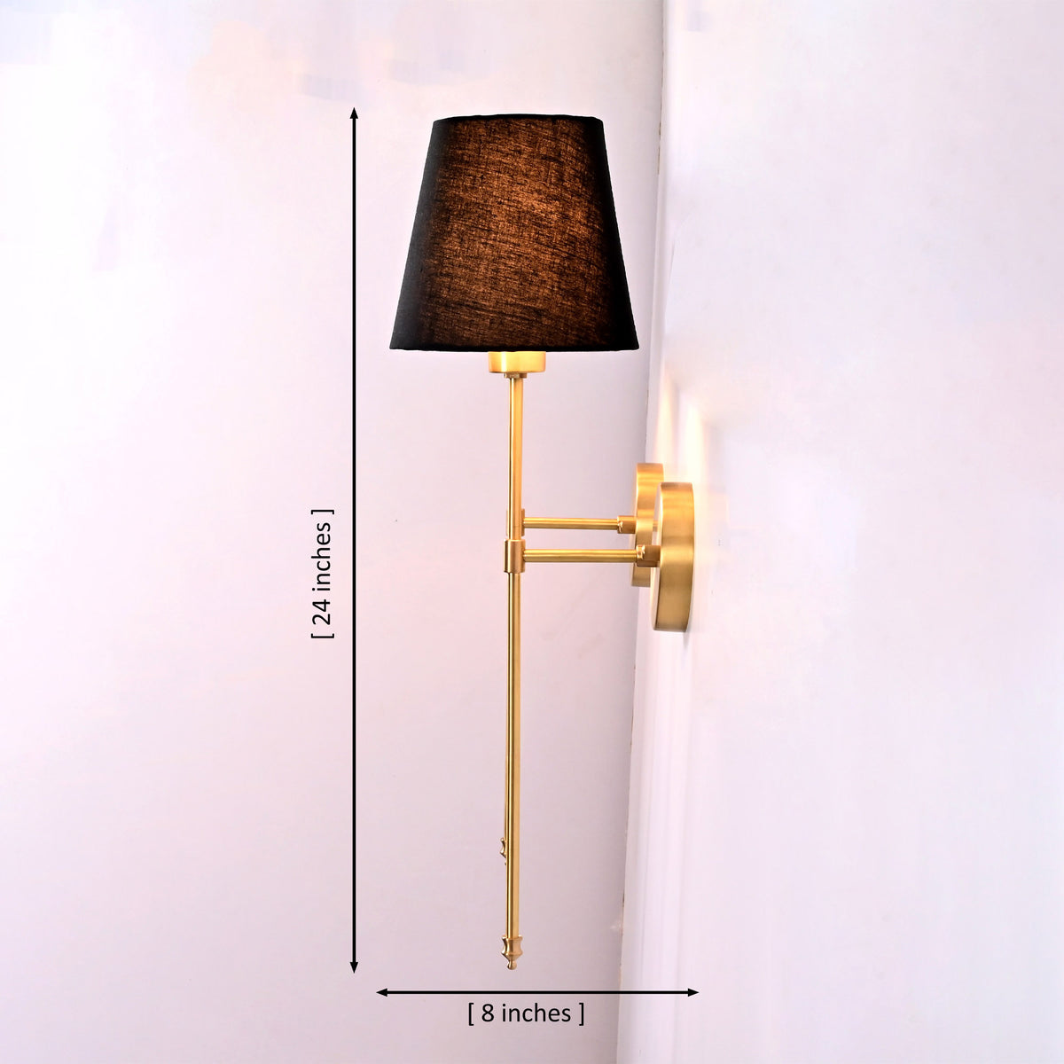 Side view of Milan black shade rod wall sconce showing 24 inch height and 8 inch projection.