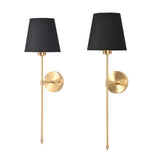 Pair of black shade rod wall sconces with golden frame, round backplates, and clean studio background.