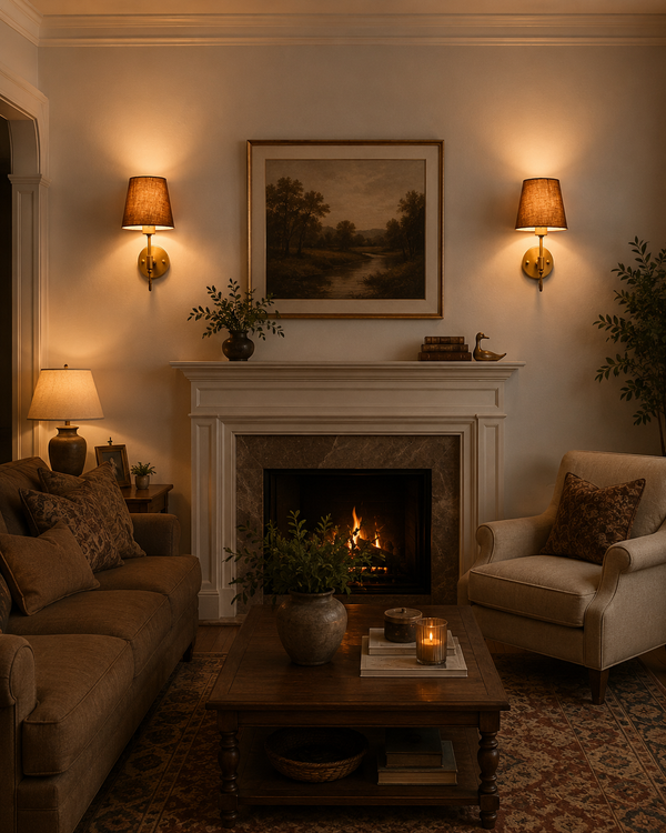 Milan Brown Shade Antique Brass Short Wall Sconces installed on either side of a fireplace in a warm traditional living room.
