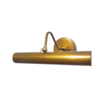 Milan 12 inch picture light with brass finish, curved support arm and tubular shade detailed front view – Model 32747