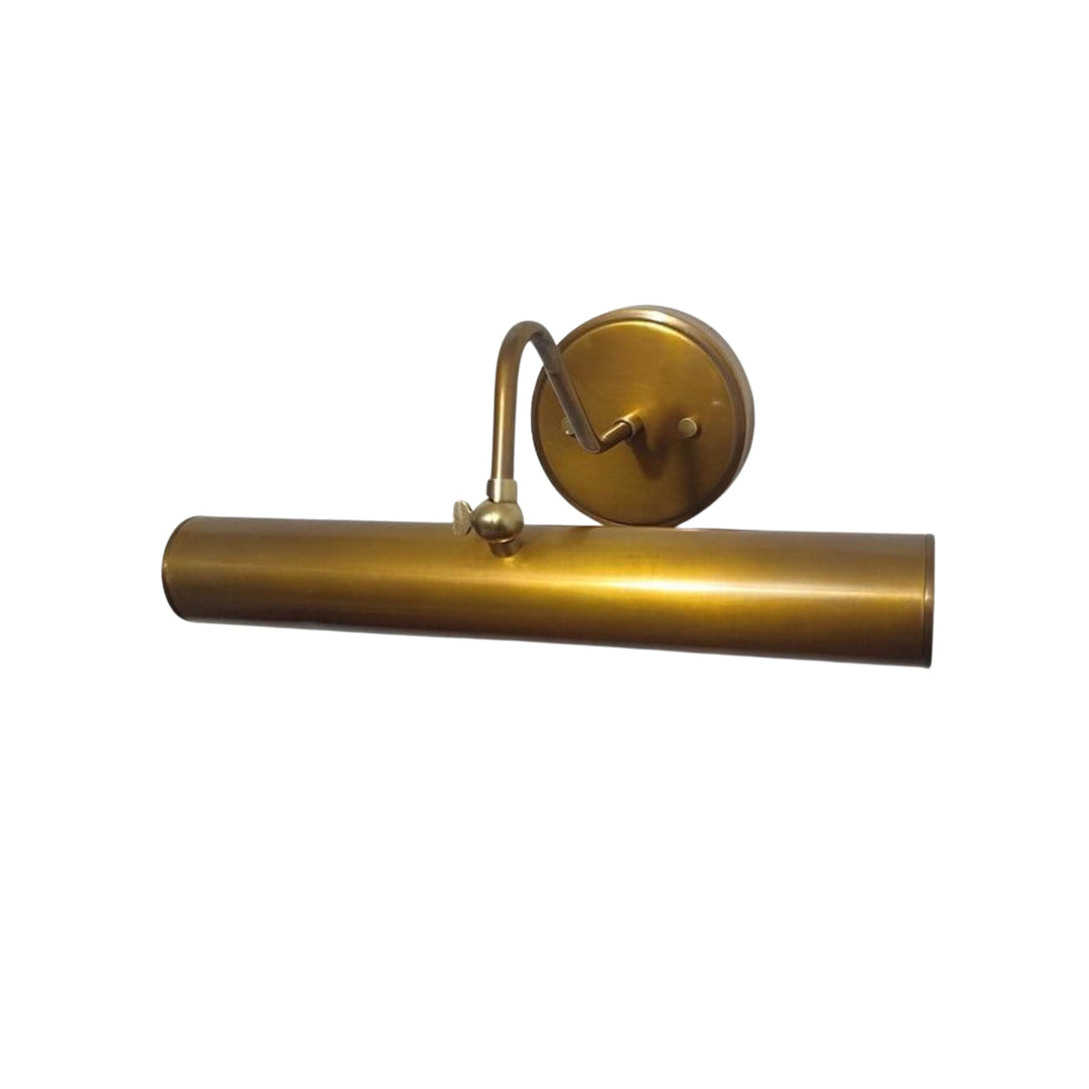 Milan 12 inch brass picture light with tubular metal shade and round wall mount front view – Model 32747