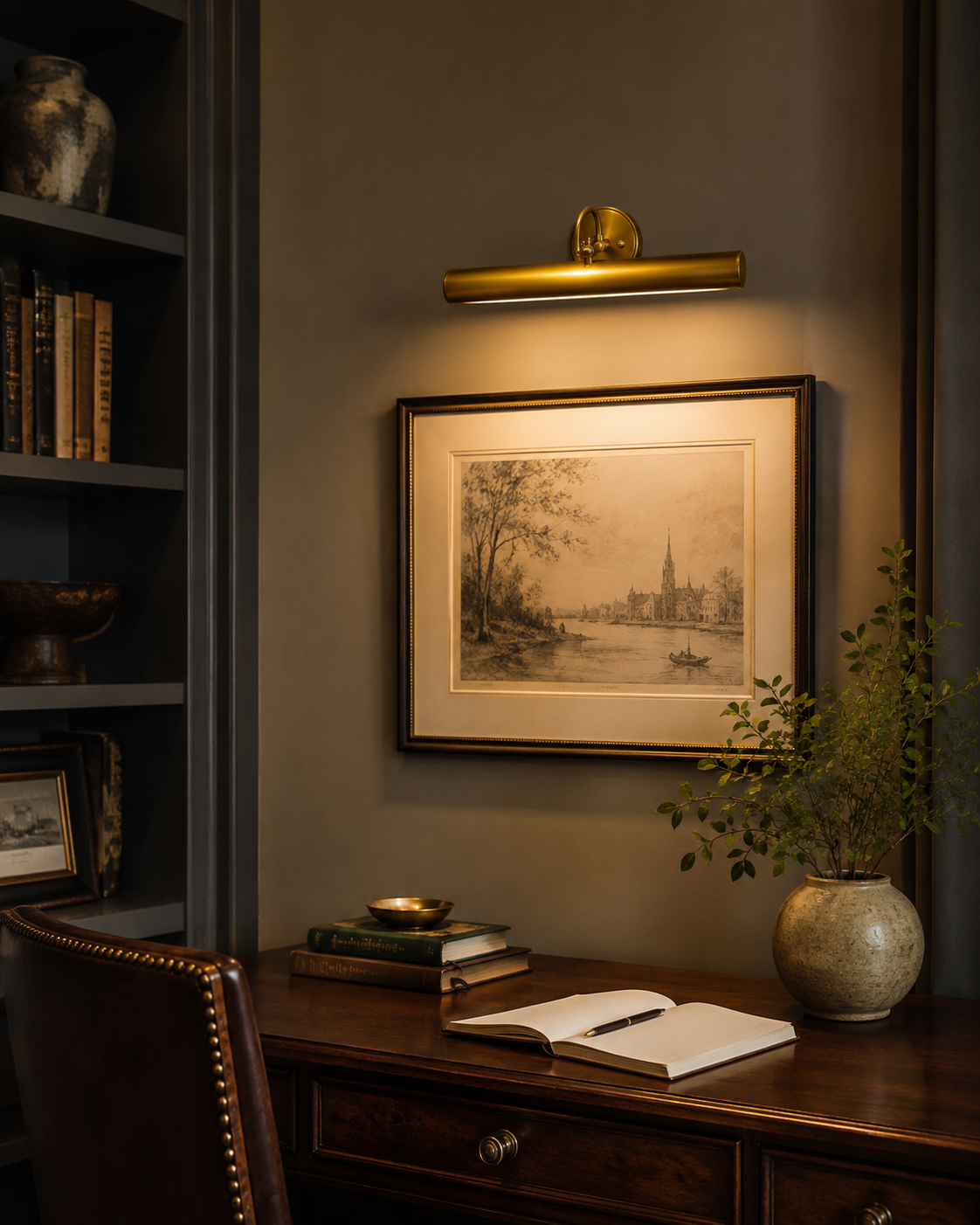 Milan brass picture light illuminating framed artwork above a traditional study desk – Model 32747