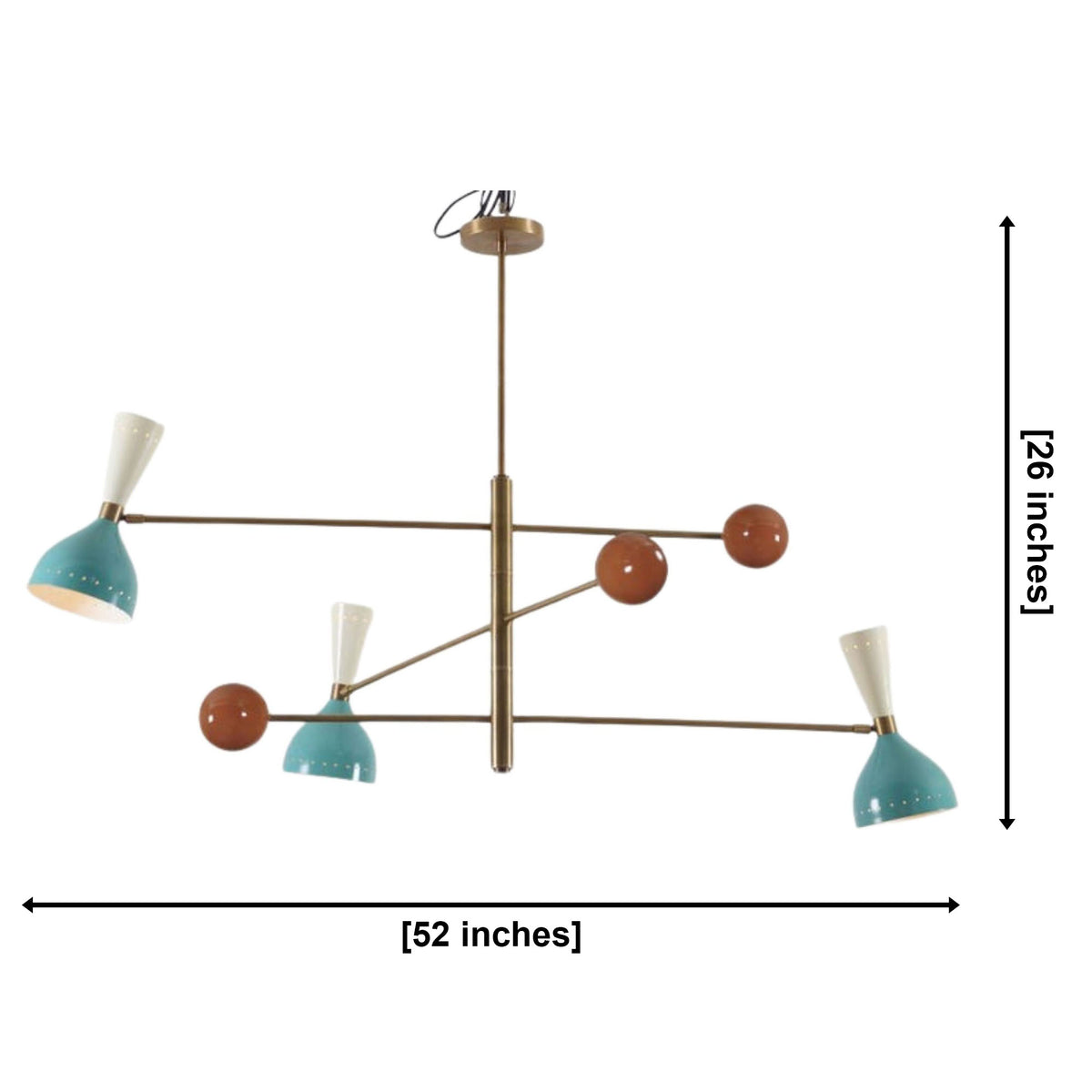Milan Colorburst Linear Chandelier 6 light with aqua blue shades and brass frame, 52 inch wide and 26 inch high – Model 62024