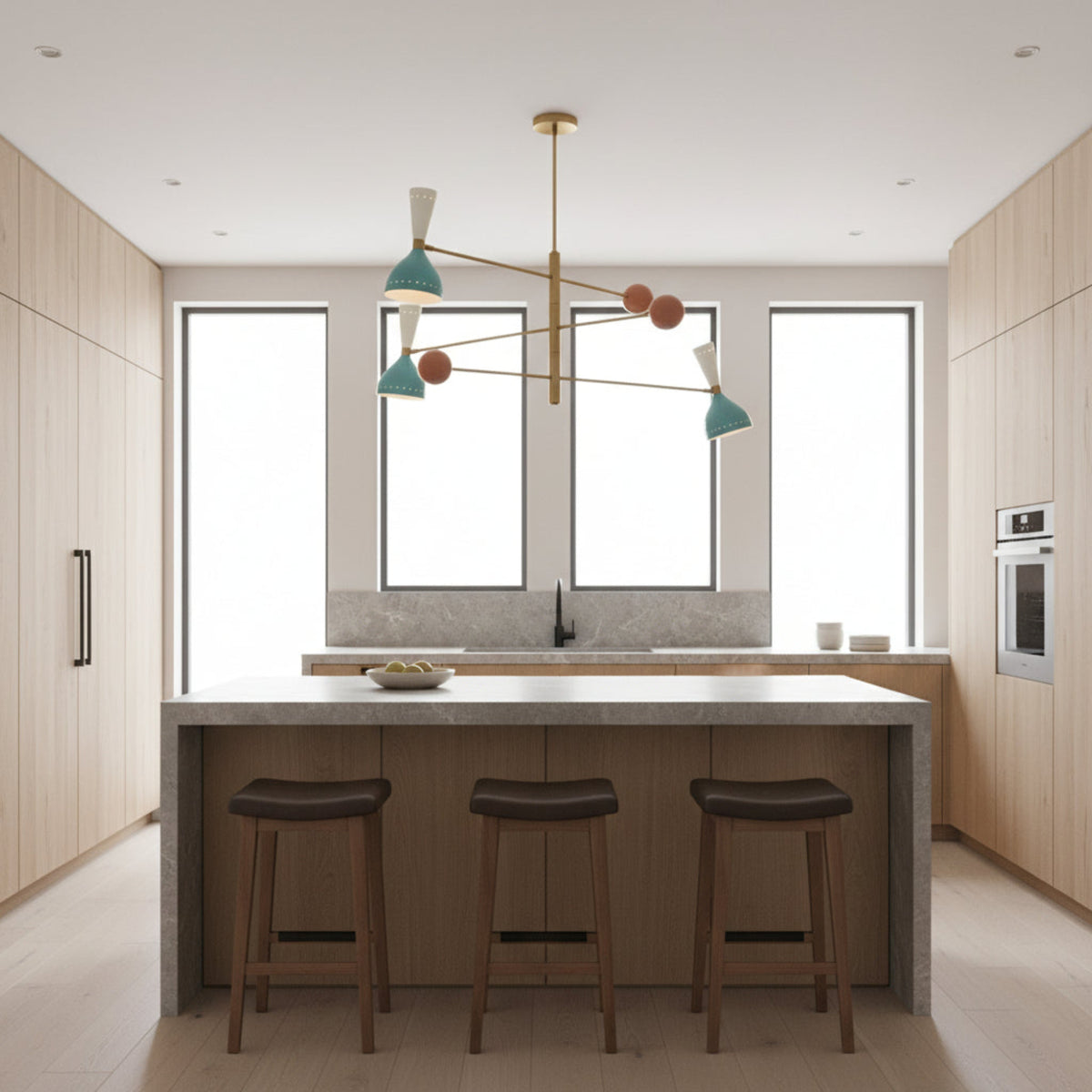 Angled view of Milan Colorburst Linear Chandelier with sculptural brass arms and colorful geometric accents – Model 62024