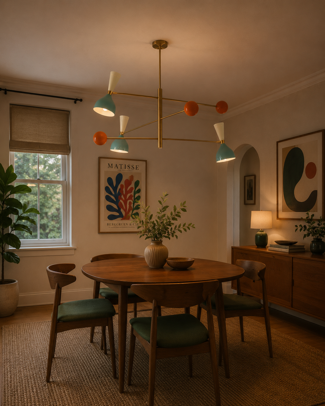 Milan Colorburst Linear Chandelier installed above a dining table in a Mid-Century Modern dining room – Model 62024