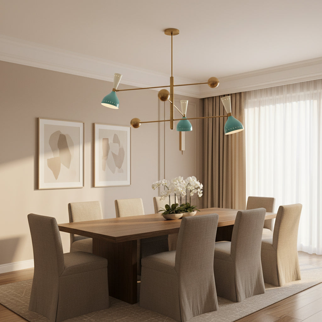 Front view of Milan Colorburst Linear Chandelier with aqua blue and white shades and spherical accents – Model 62024