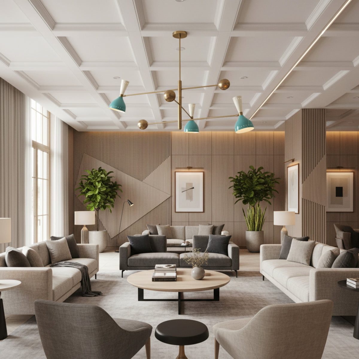 Milan Colorburst 6 light linear chandelier featuring aqua blue shades, white cone details and brass arms – Model 62024