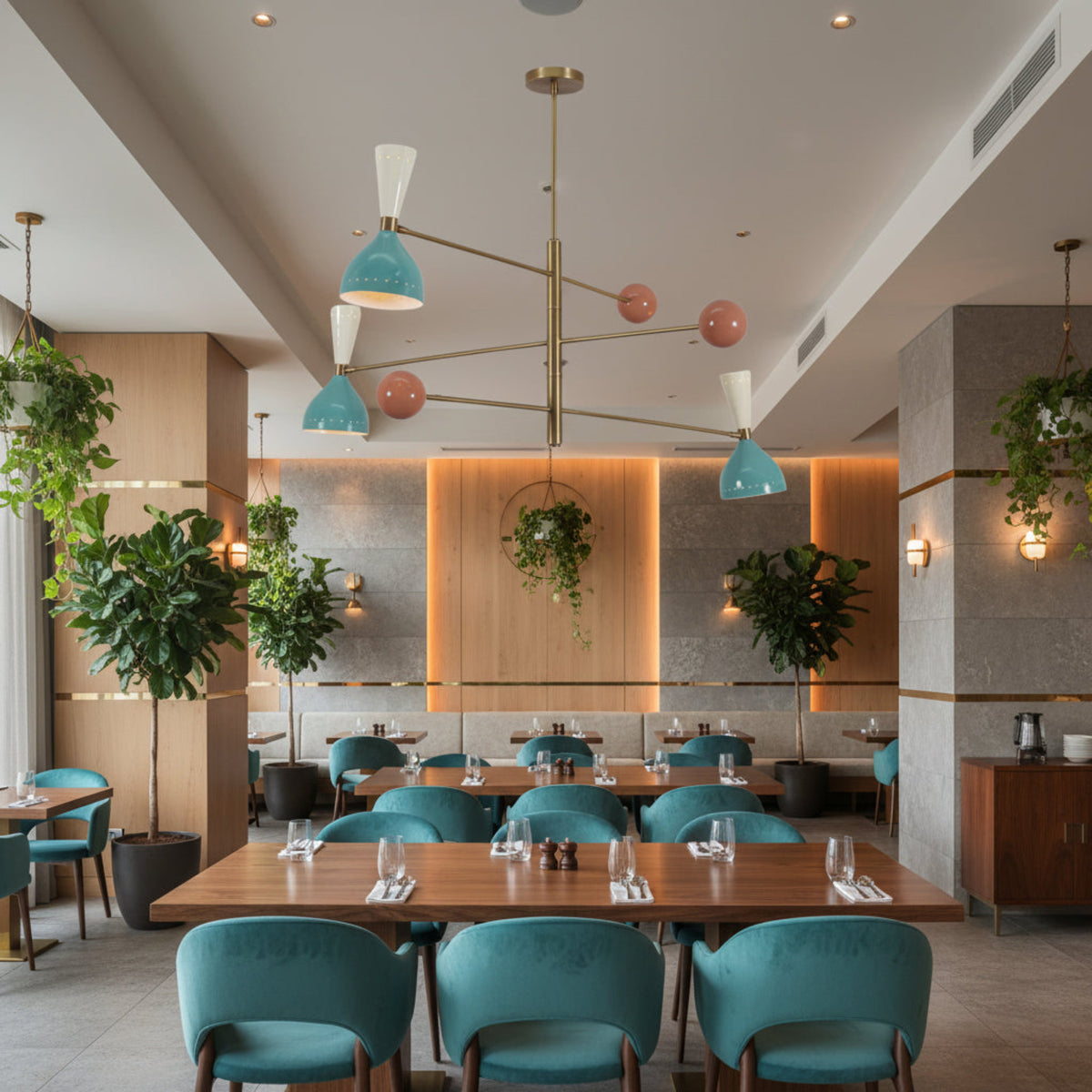 Side view of Milan Colorburst 6 light chandelier with aqua blue metal shades and balanced linear brass frame – Model 62024