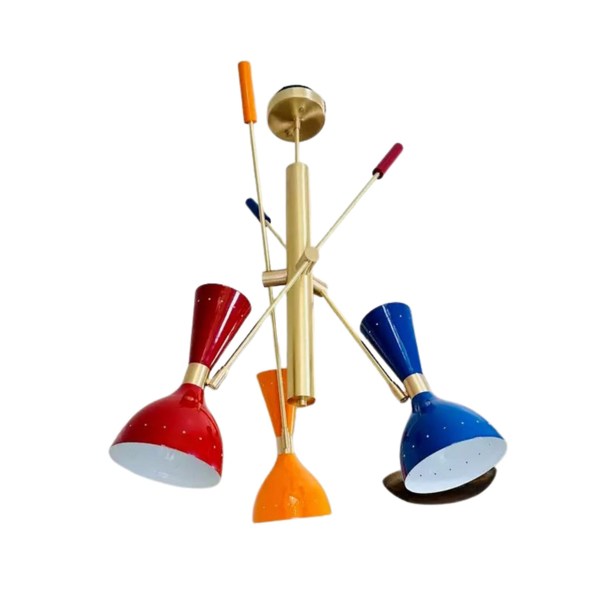 Angled view of Milan 6 light colorful chandelier featuring red, blue and orange sculptural cone shades with brass details.
