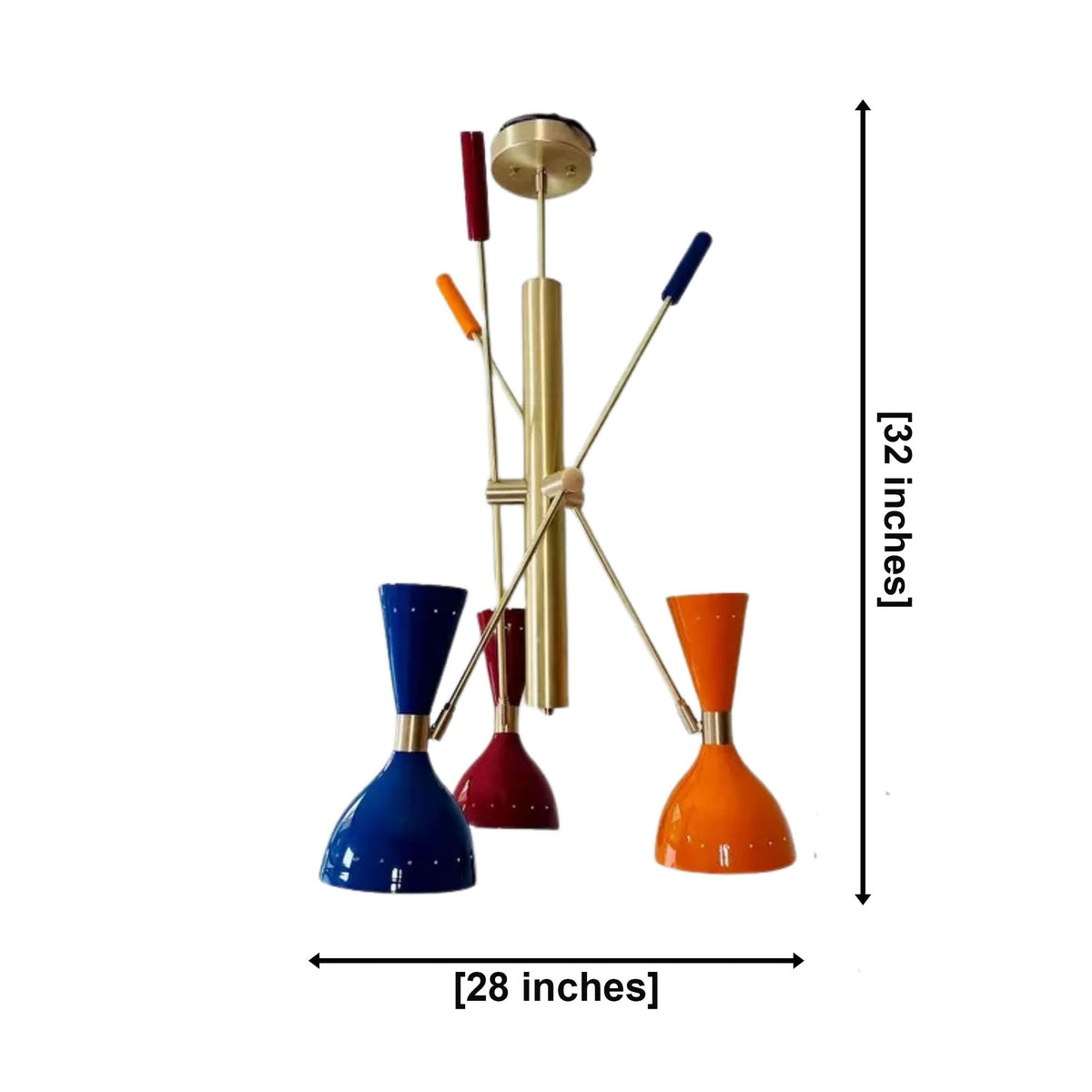 Milan Colorburst 6 light chandelier dimensions showing 28 inch width and 32 inch overall height.