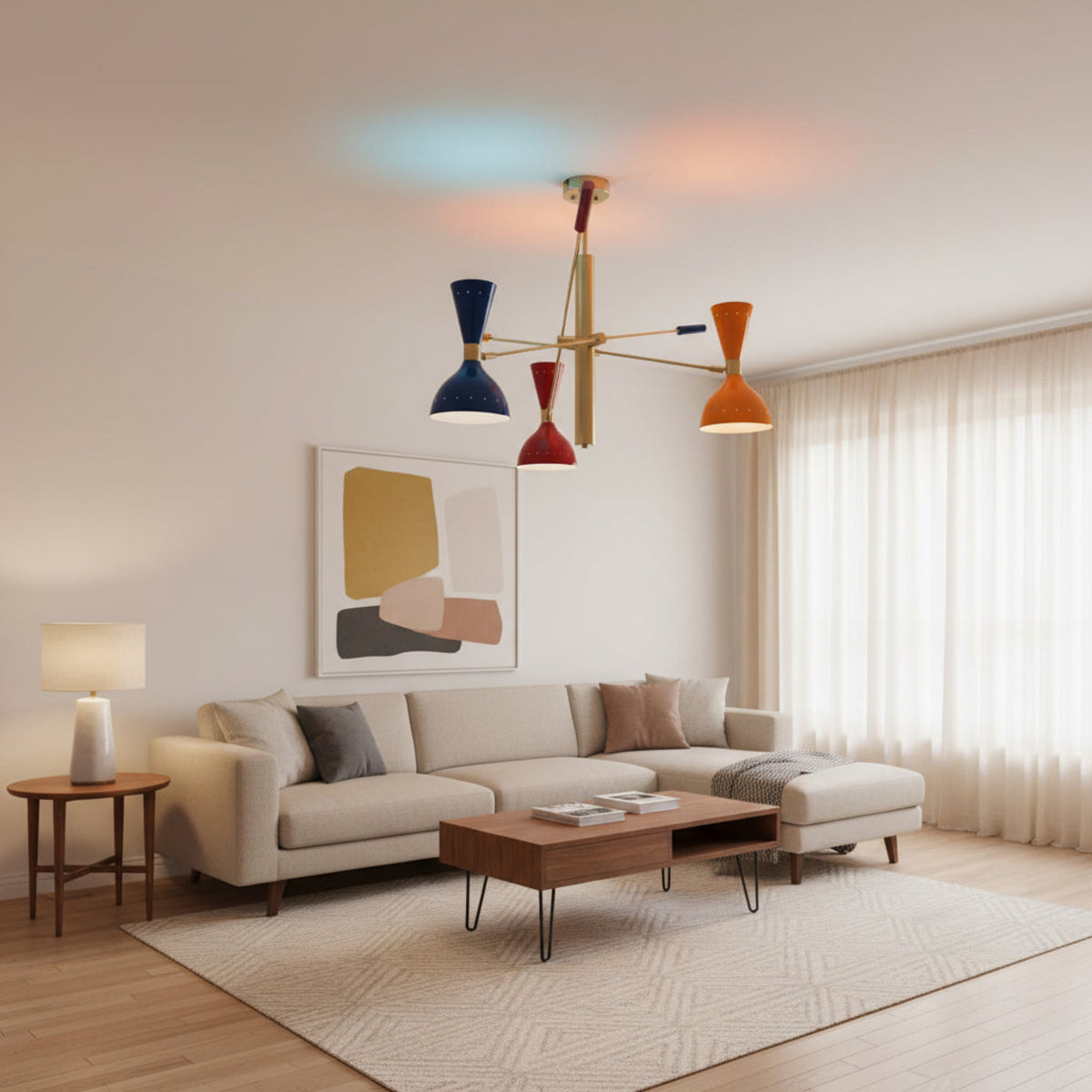 Milan 6 light Mid-Century Modern chandelier with blue, red and orange cone shades and brass frame, front view.
