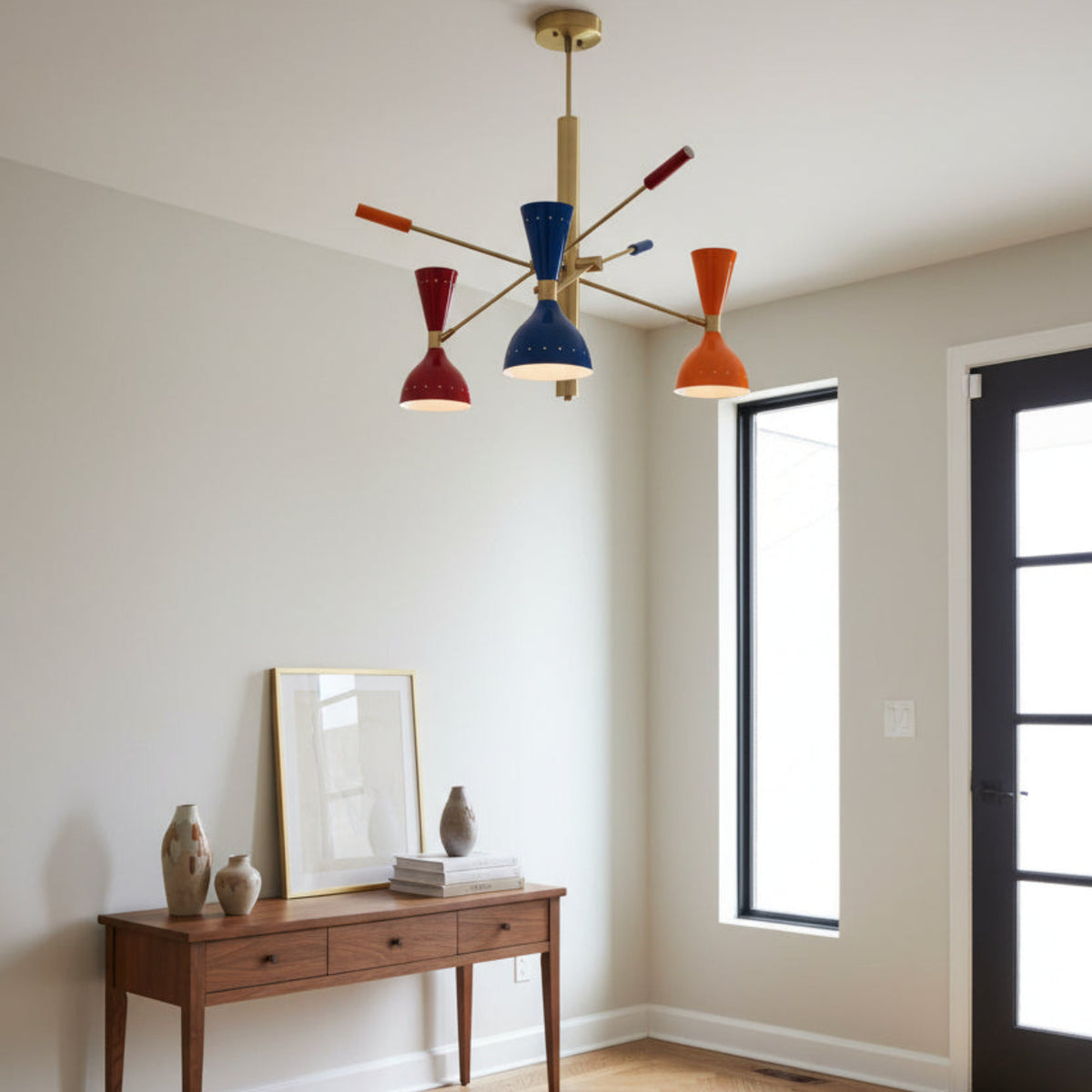 Milan colorful 6 light ceiling chandelier with blue, red and orange double-cone shades and sculptural brass framework.