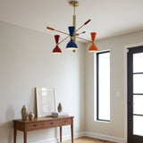 Milan colorful 6 light ceiling chandelier with blue, red and orange double-cone shades and sculptural brass framework.